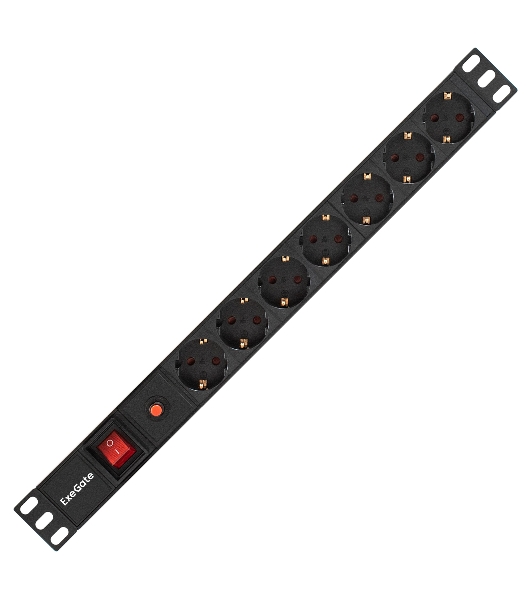 Блок розеток горизонтальный ExeGate ServerPro PDU-19H702 Al-7S-C14-SW-O, 19', 1U, Алюминий, 7 Schuko, С14, защита от перегрузки, черный