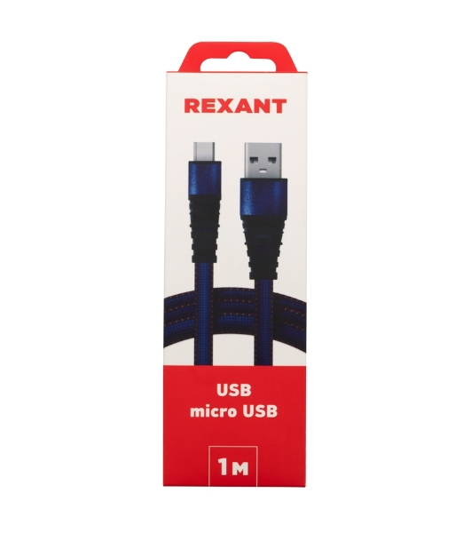Кабель Rexant USB-microUSB 1 м, плоский провод, синяя джинсовая оплетка
