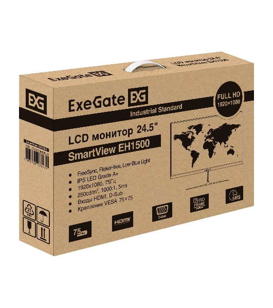 Монитор 24.5' ExeGate SmartView EH1500 IPS 1920x1080, 75 Гц, 5 мс, 16:9, 250 кд/м², 1xHDMI, 1xVGA, черный