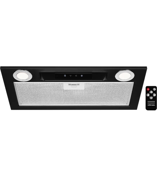 Вытяжка встраиваемая Kuppersberg INLINEA 52 Black, ширина 52 см, отвод/рециркуляция, 850 м3/час, электронное сенсорное управление, таймер, пульт ДУ, 3 скорости, светодиодное освещение 2х3,5 Вт, металлический жироулавливающий фильтр, угольный фильтр С6С (опция), 42 дБ, черный