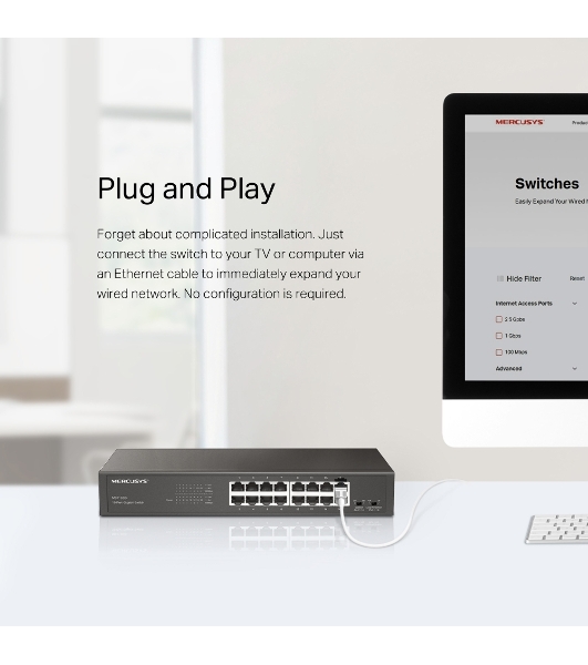 Коммутатор Mercusys MS116GS с 16 гигабитными портами для размещения на столе или в стойке