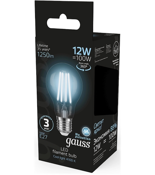 Лампа cветодиодная Gauss Filament А60 12W 1250lm 4100К Е27 LED 1/10/40