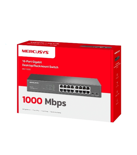 Коммутатор Mercusys MS116GS с 16 гигабитными портами для размещения на столе или в стойке