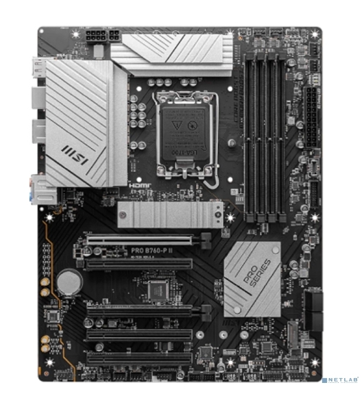 Материнская плата MSI PRO B760-P II, LGA 1700, Intel B760, 4xDDR5, 4xSATA, 2xM.2, 1xPCI-E 4.0 x16, 1xPCI-E 4.0 x4, 3xPCI-E 3.0 x1, 1xHDMI, 1xDP, 1xRJ45 2.5Gb, 1xUSB-C 3.2 Gen 2, 2xUSB-A 3.2 Gen 1, 2xUSB-A 2.0, 5x3.5мм, TOSLINK, 7.1, Standard-ATX
