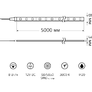 Лента светодиодная Basic Gauss 12V 8W/m 900lm/m 3000K IP20 LED 5m 1/100