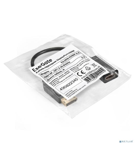 Кабель-переходник DisplayPort-HDMI ExeGate EX-DPM-HDMIF-0.2 (20M/19F, DP1.2 4K@60Hz, 0,2м)