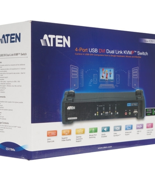 Переключатель KVM ATEN CS1784A-AT-G KVM+Audio+USB 2.0, 1 user USB+DVI => 4 cpu USB+DVI, со шнурами USB 4х1.8м., 2560x1600 60Hz DVI-D Dual Link/2048x