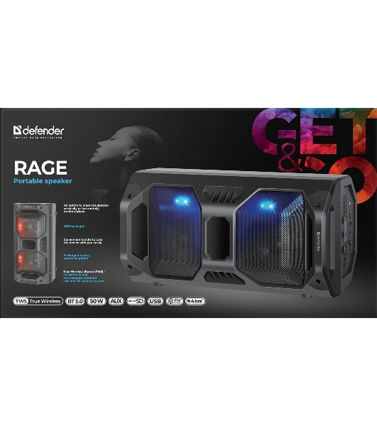 Портативная акустика Defender Rage 50 Вт Light/BT/FM/USB/LED/TWS черный