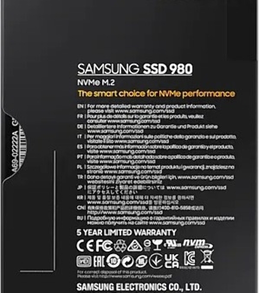 Накопитель SSD Samsung 980 MZ-V8V500BW, 500Gb, PCIe 3.0 x4, M.2 2280, NVMe, R/W 3100/2600