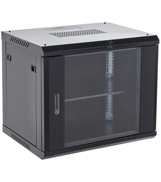 Настенный шкаф Rexant RAL 9005 19' 12U 600×600×635 (ШxГxВ), дверь стекло, металлическая задняя стенка, боковые съемные стенки
