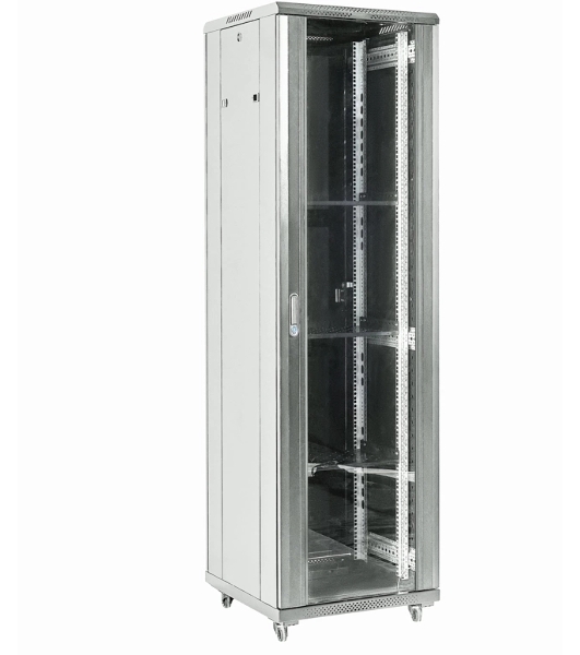 Напольный шкаф Rexant RAL 7035 19' 18U 600×600×987 (ШxГxВ), дверь стекло, металлическая задняя дверь, боковые съемные стенки
