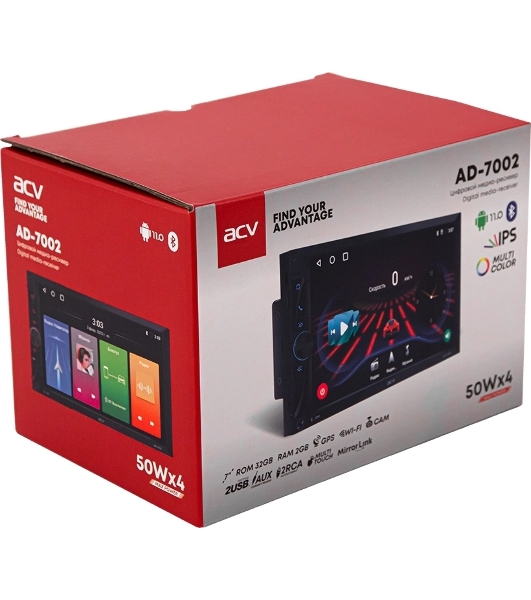 Автомагнитола ACV AD-7002, 2 DIN, 7', Android 11, Bluetooth, USB Type-A, AUX, GPS, CarPlay