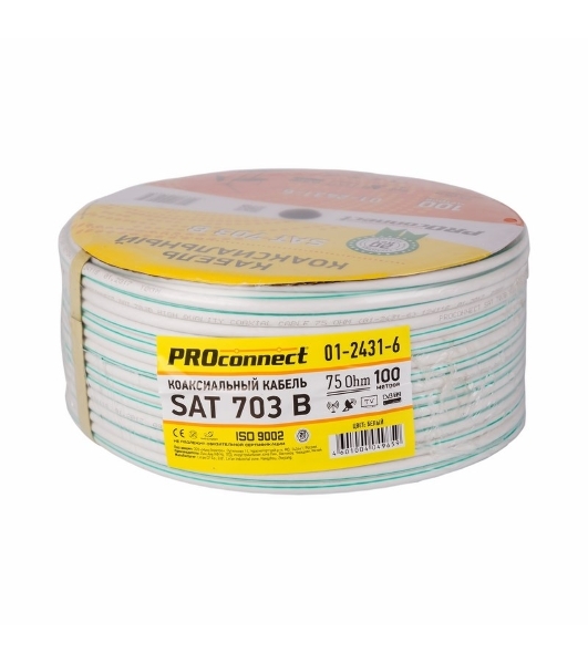 Кабель коаксиальный PROconnect SAT 703 B, Cu/Al/Cu, 64%, 75 Ом, бухта 100 м, белый