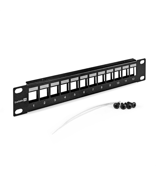 Патч-панель модульная ExeGate EPPB-10-12 (10', UTP, 12 port, наборная, неэкранированная, 1U, RoHS, Black, RTL)