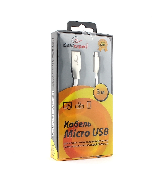 Кабель USB2.0 Cablexpert CC-G-mUSB01W-3M, AM/microB, серия Gold, длина 3м, белый, блистер