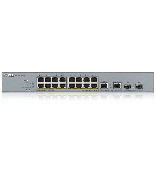 Коммутатор Zyxel GS1350-18HP, 16xGE PoE+, 2xCombo (SFP/RJ-45), бюджет PoE 250 Вт, дальность передачи питания до 250 м, автоперезагрузка PoE-портов, повышенная защита от перенапряжений и электростатических разряд