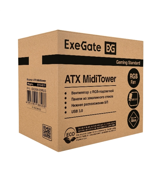 Компьютерный корпус Miditower ExeGate EVO-9211 (ATX, без БП, с окном, 2хUSB+1хUSB 3.0, HD аудио, черный, 1 вент. с RGb подсветкой)