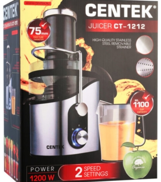 Соковыжималка Centek CT-1212 стальной/чёрный, центробежная, 1200 Вт, 1100 мл, механическое