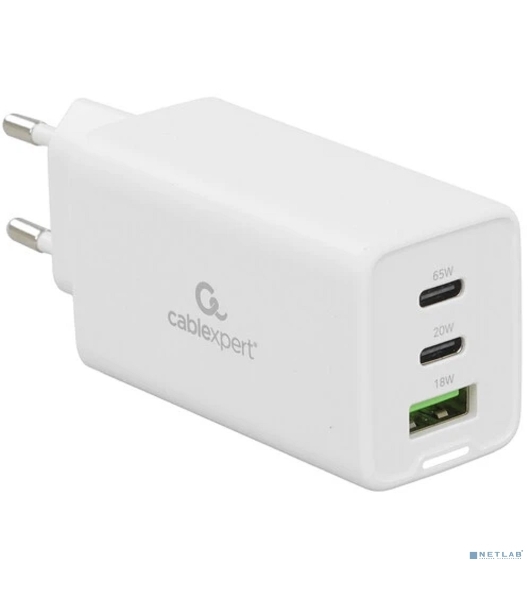 Зарядное устройство Cablexpert MP3A-PC-65, 65Вт GaN, 3,25A, QC4.0/PD, 2xType-C, 1xUSB, белый, коробка