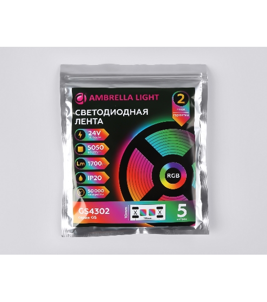 Светодиодная лента Ambrella light GS4302 5050 60Led/ 14.4W m/ 24V IP20 RGB/ 5000*10*1.87mm (4 конт.)