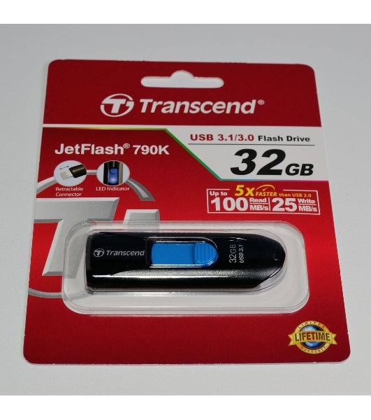 Флешка USB Transcend Jetflash 790 (TS32GJF790K), 32Gb, USB 3.0, R/W 70/25, черный/синий