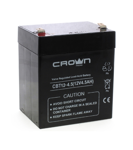 Батарея для ИБП CROWN CBT-12-4.5, напряжение 12В, емкость4,5 А/Ч, размеры (мм)90х70х101, вес 1,48 кг, тип клеммы - F2, тип АКБ - свинцово кислотная с загущеным электролитом в гель, срок службы 6 лет
