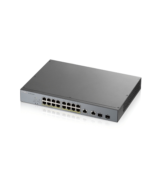 Коммутатор Zyxel GS1350-18HP, 16xGE PoE+, 2xCombo (SFP/RJ-45), бюджет PoE 250 Вт, дальность передачи питания до 250 м, автоперезагрузка PoE-портов, повышенная защита от перенапряжений и электростатических разряд