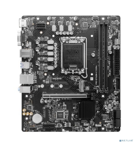 Материнская плата MSI PRO B760M-E DDR4, LGA 1700, Intel B760, 2xDDR4, 4xSATA, 1xM.2, 1xPCIe 4.0 x16, 1xPCIe 4.0 x1, 1xHDMI, 1xVGA, 1x1Gb LAN, 2xUSB-A 3.2 Gen 1, 4xUSB-A 2.0, 3x3.5 мм, 7.1, mATX