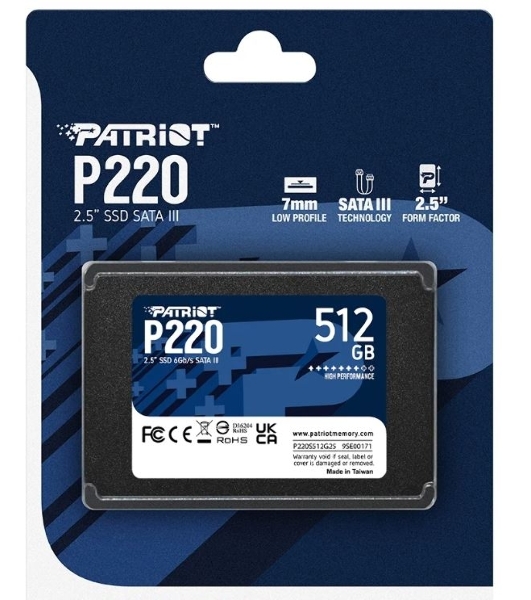 Накопитель SSD Patriot P220, 512Gb, SATA III, 2.5', R/W 550/500