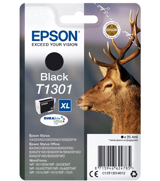 Картридж струйный Epson T1301 (C13T13014012/C13T13014010) черный, 25.4 мл, для SX520WD/SX620FW/BX525WD/BX625FWD