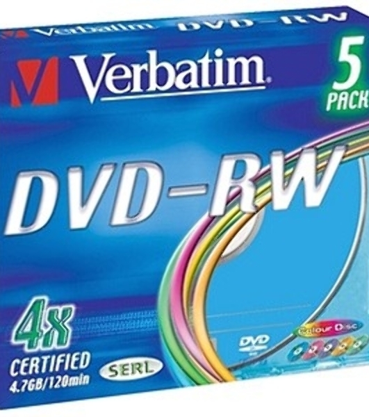 Диск DVD-RW Verbatim 4.7Gb 4x Slim case (5шт) Color (43563)