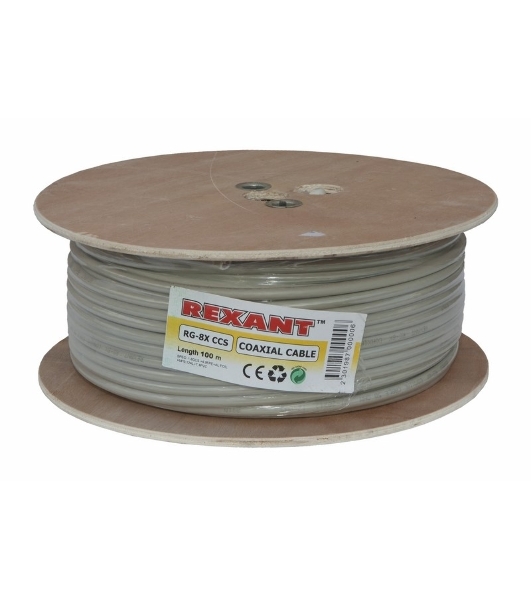 Кабель коаксиальный Rexant RG-8X, 50 Ом, CCS/Al/Al, 75%, бухта 100 м, серый