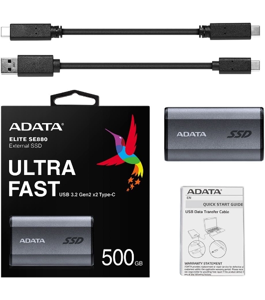 Внешний SSD ADATA Elite SE880, 500 Gb, USB 3.2 Gen 2x2 Type-C, R/W 2000/2000, серый