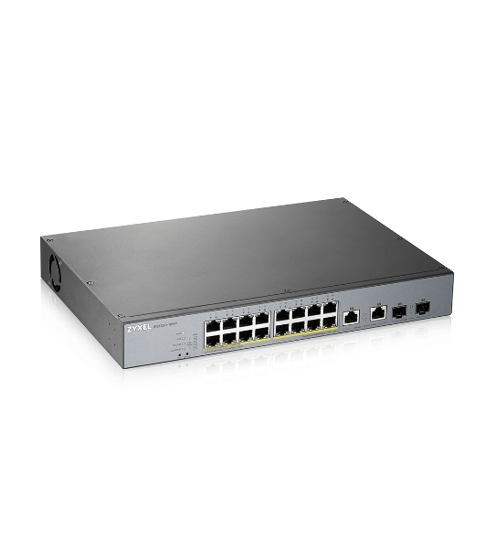 Коммутатор Zyxel GS1350-18HP, 16xGE PoE+, 2xCombo (SFP/RJ-45), бюджет PoE 250 Вт, дальность передачи питания до 250 м, автоперезагрузка PoE-портов, повышенная защита от перенапряжений и электростатических разряд