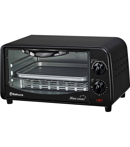 Мини печь Sakura SA-7018B черный, 10 л, мощность 1000 Вт, 2 кварц.нагреват.элемента, регулировка температуры 100-250С, 30-минутный таймер со звонком, световой индикатор работы, противень, решетка