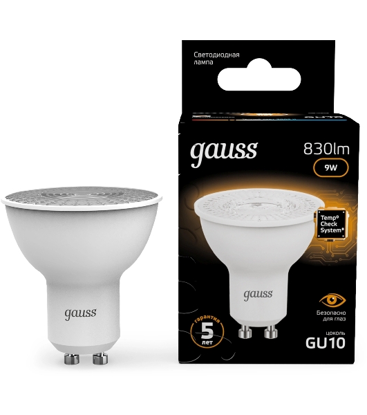 Лампа светодиодная Gauss 101506109 9Вт цок.:GU10 рефлек. 150B св.свеч.бел.теп. MR16 (упак.:10шт)