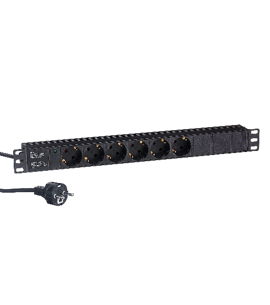Блок розеток горизонтальный ExeGate ServerPro PDU-19H603 Al-6S-EU2.5, 19', 1U, Алюминий, 6 Schuko, кабель с евровилкой VDE-250V-16A-3*1.5мм2, 2.5 метра, черный