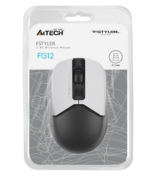 Мышь беспроводная A4Tech Fstyler FG12 белый/черный, 1200 dpi, радиоканал, USB, кнопки - 3