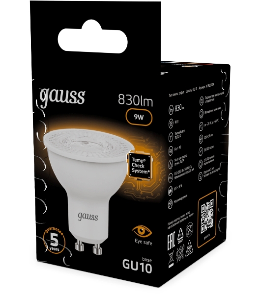 Лампа светодиодная Gauss 101506109 9Вт цок.:GU10 рефлек. 150B св.свеч.бел.теп. MR16 (упак.:10шт)