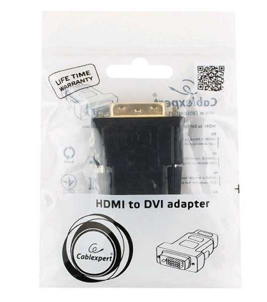 Переходник Cablexpert HDMI-DVI 19F/19M золотые разъемы, пакет, черный