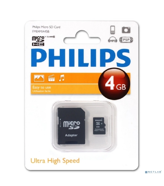 Флеш карта microSD 4Gb PHILIPS microSDHC Class 10 (SD адаптер)