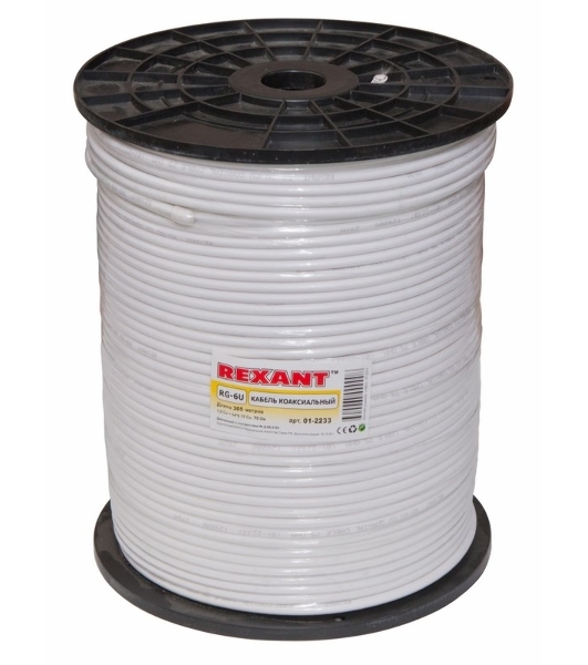 Кабель коаксиальный Rexant RG-6U+Cu, 75 Ом, Cu/Al/Cu, 75%, бухта 305 м, белый