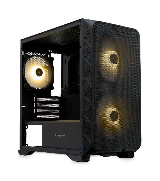 Компьютерный корпус без блока питания HSPD M321, Mesh Mini-tower, черный, slide TG, 0.45 SPCC, 2x140мм ARGb+1x120мм ARGb mATX, mITX 160/340/184мм 2x2.5', 2x3.5', 4xPCI 2xUSB-A 3.0, 1xUSB-A 1.0 390x200x385мм