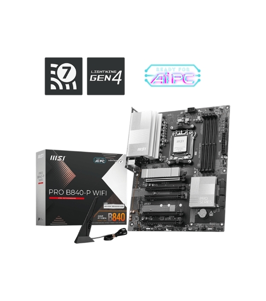 Материнская плата MSI PRO B840-P WIFI, Socket AM5, AMD B840, 4xDDR5, 4xSATA, 2xM.2, 1xPCI-E 4.0 x16, 1xPCI-E 3.0 x4, 3xPCI-E 3.0 x1, 1xHDMI, 1x 2.5Gb LAN, 4xUSB-A 2.0, 2xUSB-A 5Gbps, 1xUSB-C 5Gbps, 1xUSB-A 10Gbps, 1xUSB-C 10Gbps, 3x3.5 мм, 7.1, ATX