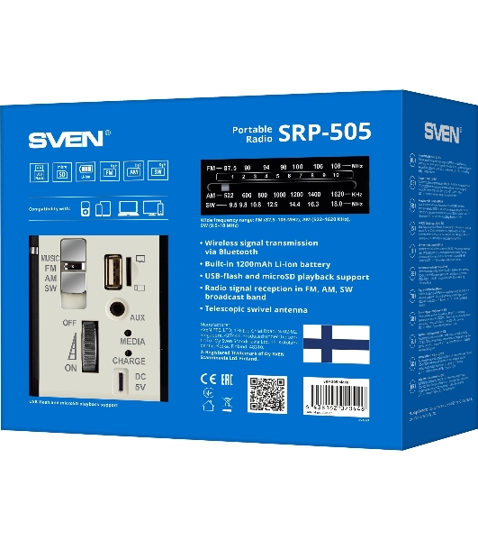 Радиоприемник SVEN SRP-505 (4 Вт, FM/AM/SW, USB, SD/microSD, Bluetooth, 1200 мА·ч)черный