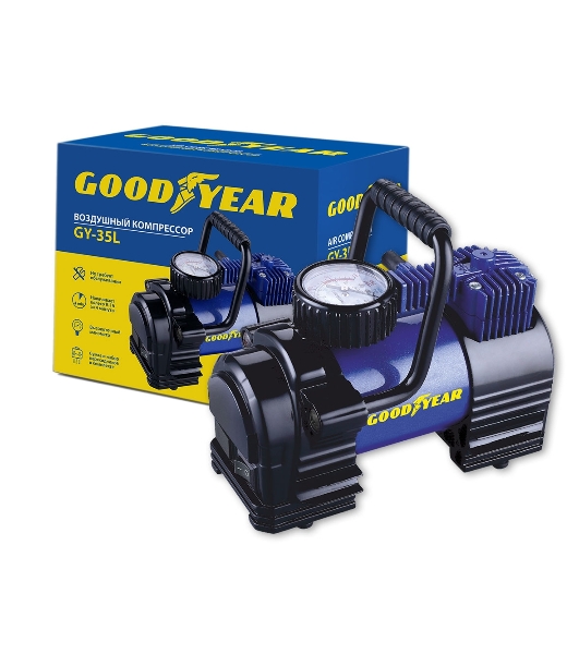 Компрессор GOODYEAR GY000102 GY-35L 35 л/мин Мощность - 168 Вт, Производительность - 35 л/мин, Максимальное токопотребление - 14 А, Максимальное давление - 7 Атм, Длина провода питания: 3 м, Длина воздушного шланга: 1 м. Сумка и набор переходников в комплекте.