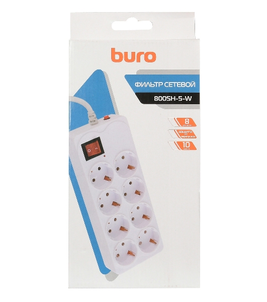 Сетевой фильтр Buro 800SH-5-W 5 м, 8 розеток, белый, коробка