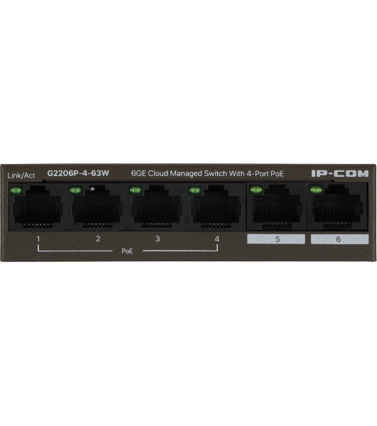 Коммутатор сетевой IP-COM G2206P-4-63W 4x10Base-T/100Base-TX/1000Base-T 2x1000Base-T PoE порты 4 Количество портов PoE+ 4 G2206P-4-63W