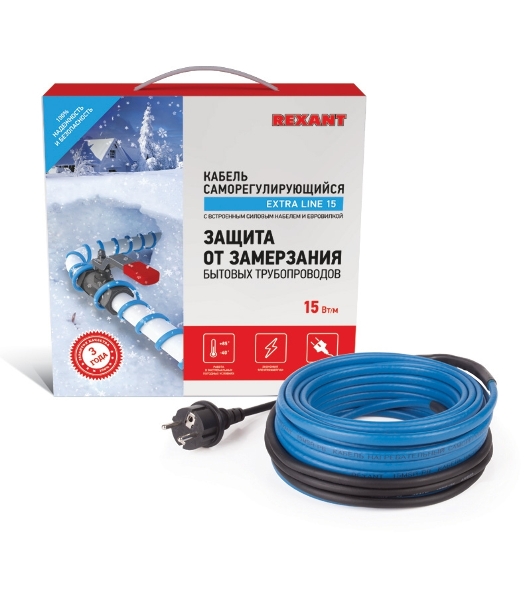 Греющий саморегулирующийся кабель Rexant на трубу 15MSR-PB 10M (10м/150Вт)