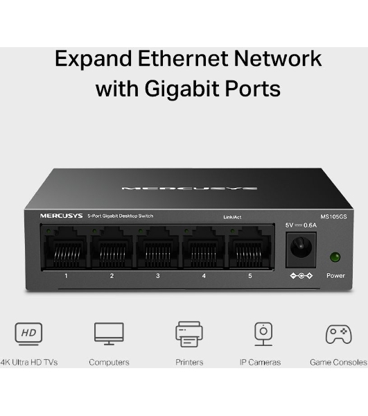 Коммутатор настольный Mercusys MS105GS с 5 гигабитными портам